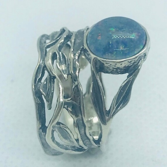 ‘PZ ISRAEL’ Silver, Lab Created Doublet Opal, Wired Leaf Motif Ring, Size 10 - Picture 3 of 8